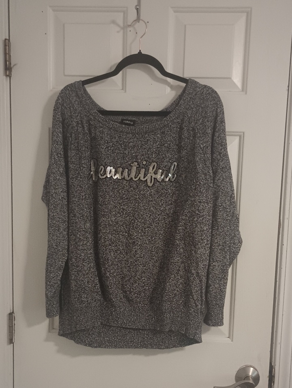 torrid Gray Marled Crewneck Sweater with Metallic 'beautiful' Script